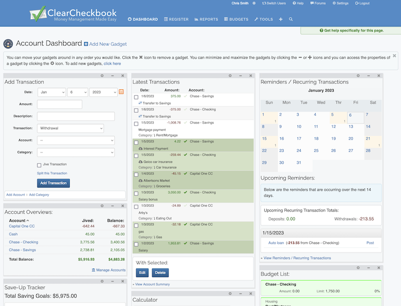 ClearCheckbook Account Dashboard