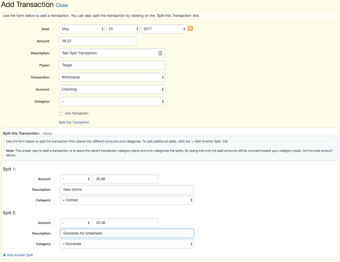 Splitting a transaction on ClearCheckbook