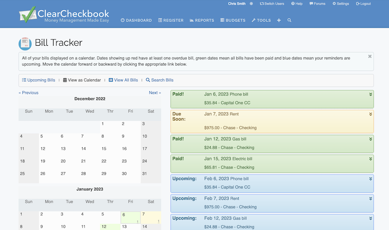 ClearCheckbook Bill Tracker