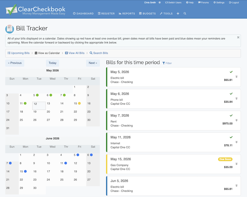 ClearCheckbook Bill Tracker