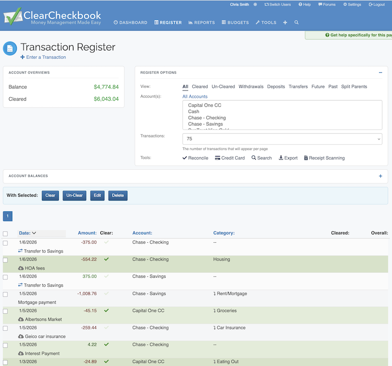 ClearCheckbook Account Reconciling