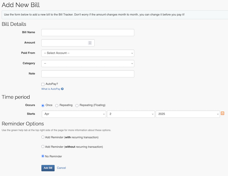 Bill Tracker - Add a Bill