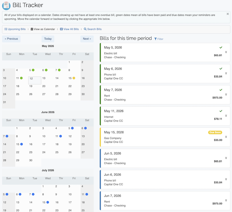 Bill Tracker - Bill Calendar