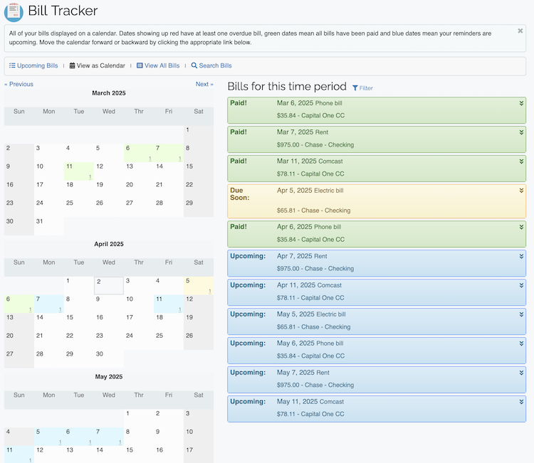 Bill Tracker - Bill Calendar