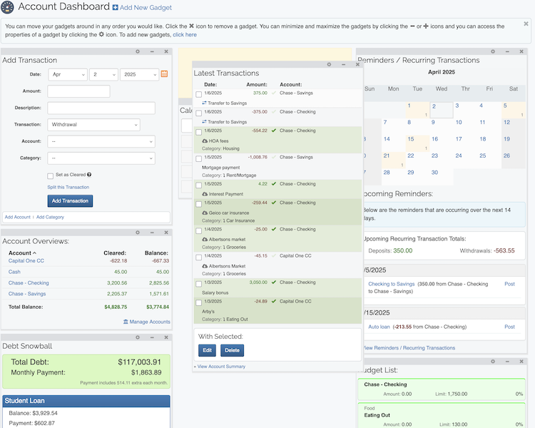 Account Dashboard - Move Gadgets