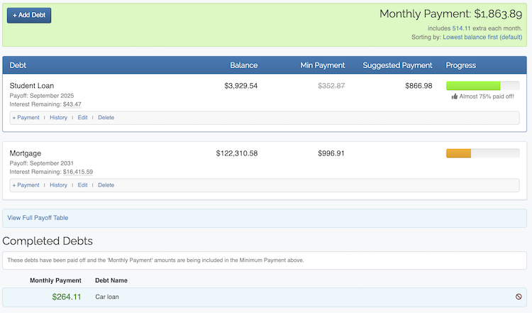 Debt Snowball Calculator - List of Debts