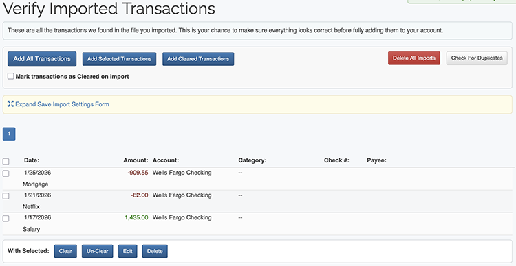 Import Transactions - Verify Transactions