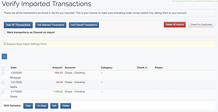 Import Transactions - Verify Transactions