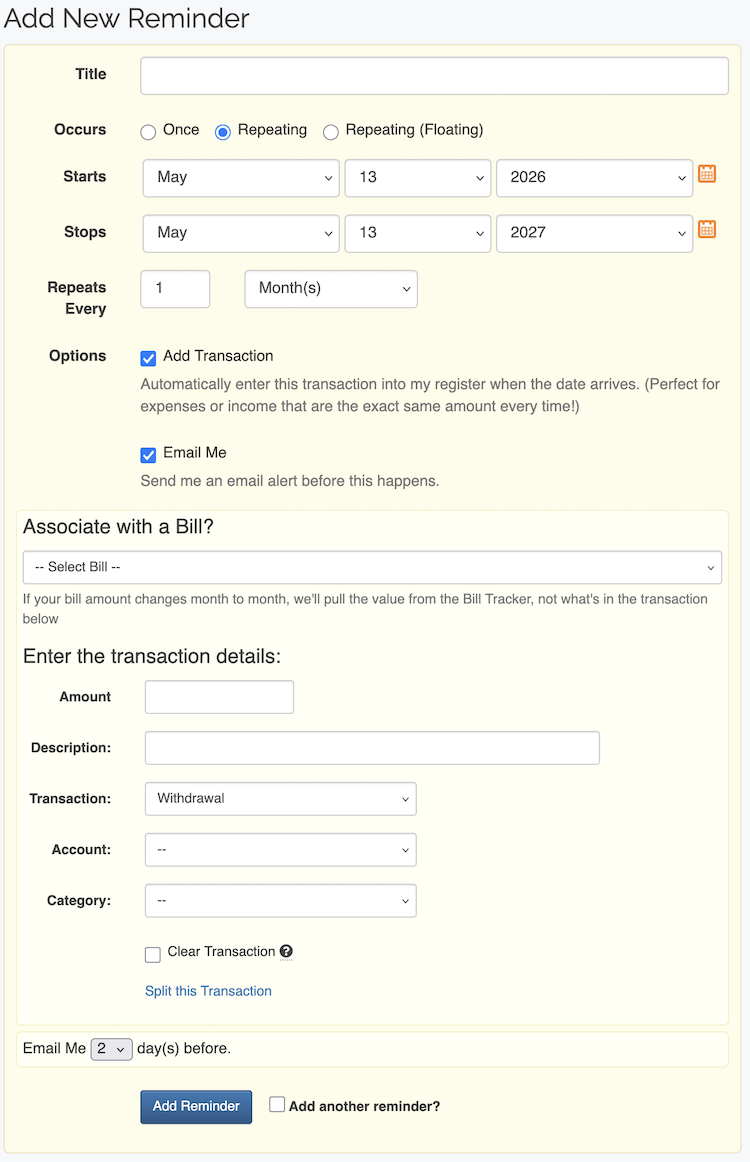 Recurring Transactions - Adding Reminder