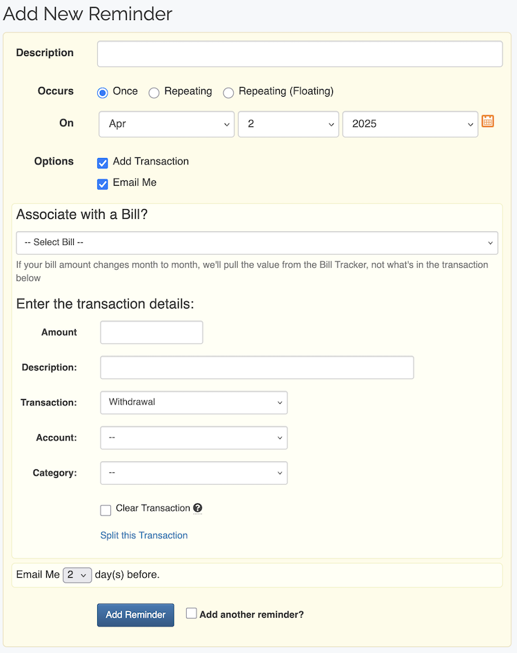 Recurring Transactions - Adding Reminder