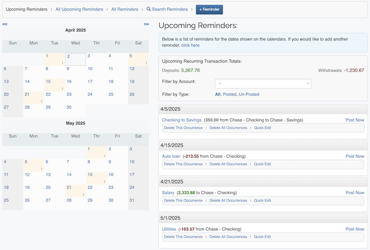 Recurring Transactions - Calendar