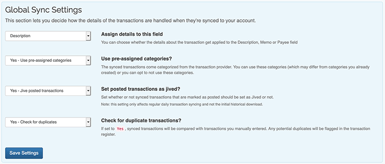 Sync Transactions - Sync Settings